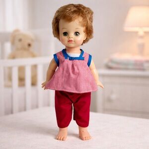 Vintage Horsman 1960s 13" Hard Plastic Sleepy Eye Baby Doll Red Pants Pink Apron